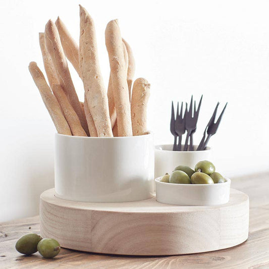 Trio Ceramic Bowls With Wood Base - Fancy That