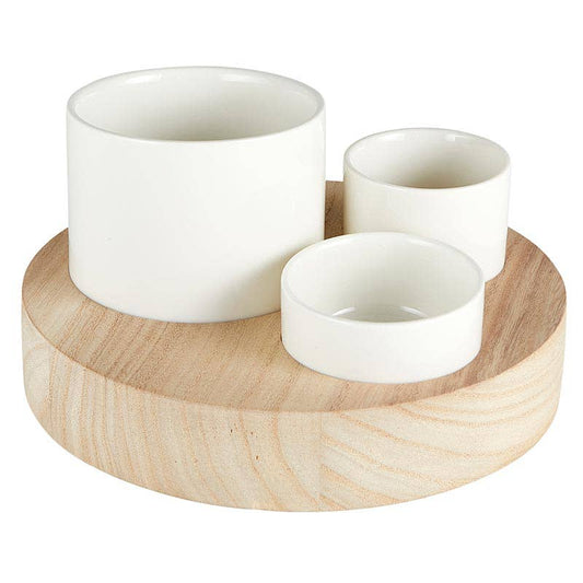 Trio Ceramic Bowls With Wood Base - Fancy That